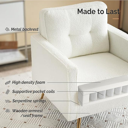 VINGLI Accent Chairs Set of 2 White Living Room Chairs Fluffy Teddy Fabric Mid Century Modern Sofa Chairs with Arms, Gold Legs for Reading, Bedroom, Waiting Room