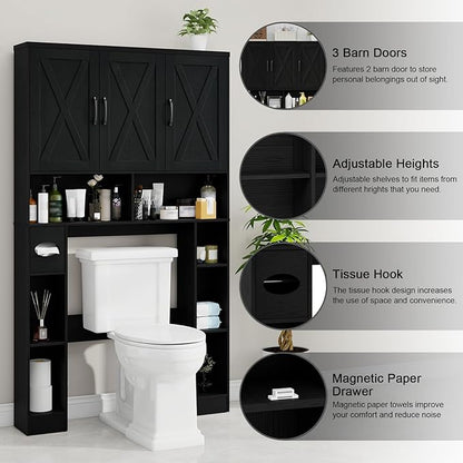 Over The Toilet Storage Cabinet, Farmhouse Toilet Cabinet Rack with 3 Barn Doors, Space Saving Bathroom Organizer with Shelves, Toilet Paper Holder and Towel Rack for Bathroom,Restroom,Pure Black