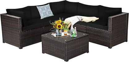 Tangkula 6 Pieces Patio Furniture Set, Outdoor Rattan Sofa Set, Wicker Conversation Set w/Tempered Glass Coffee Table & Cushions, Sectional Sofa Set for Backyard, Garden, Balcony, Poolside (Black)