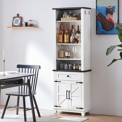 72in Tall Bookshelf 7 Tier Bookcase with Drawer and Barn Doors and Adjustable Shelves, White Farmhouse Book Shelf with Storage Cabinet, Wood Freestanding Display Bookshelves for Kitchen (4PCS)