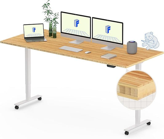 FLEXISPOT E6 MAX Bamboo 72x30 Inch Dual Motor 3-Stage Heavy Duty Standing Desk, 330lbs Weight Capacity, Height Adjustable Desk w/Cable Management & Wheels (Solid Bamboo Desktop + White Frame)