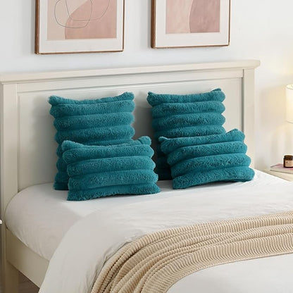 FUTEI Teal Decorative Throw Pillow Covers 16x16 Inch Set of 2, Square Soft Faux Rabbit Fur Thick Striped Cushion Cover,Winter Home Decor for Couch Bed Living Room