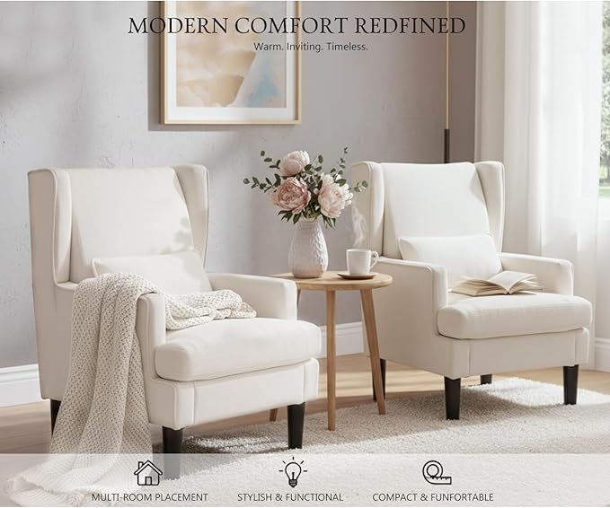 Accent Chair for Living Room Chairs Upholstered Oversized Reading Chair Armchair Accent Chairs Set of 2 Living Room Chair with High Back and Wood Legs,Arm Chair Comfy Chair for Bedroom(Beige)