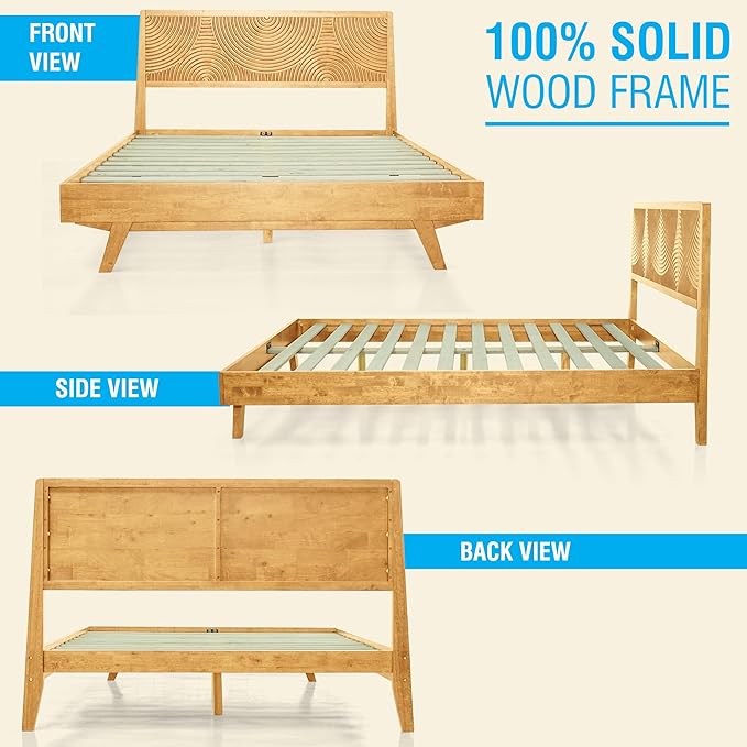 Acacia Harmony King Platform Bed Frame – Solid Rubber Wood, Natural Oak Finish, Mid-Century Style, Bold Circular Wood Pattern, 800lbs Capacity, No Box Spring Needed, Easy Assembly