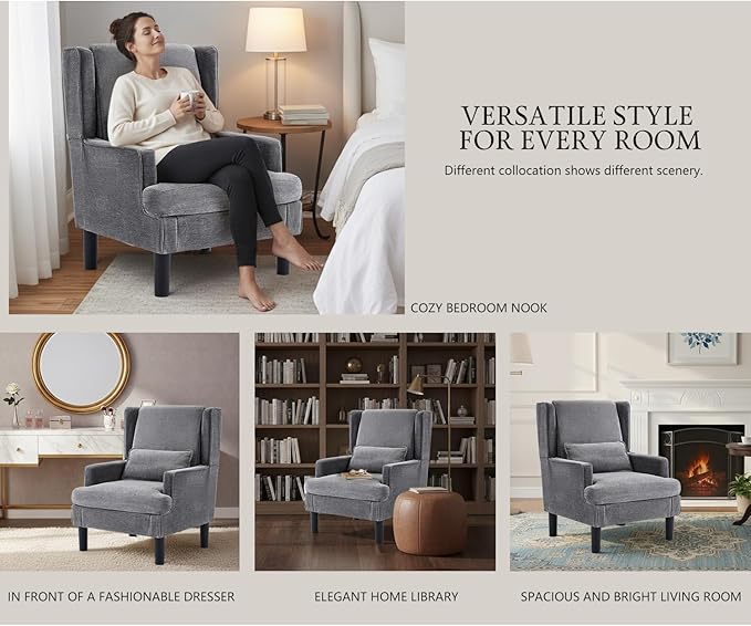 Modern Accent Chair for Living Room Chairs Upholstered Oversized Reading Chair Accent Chairs Set of 2 Living Room Chair Arm Chair with High Back and Wood Legs,Armchair Comfy Chair for Bedroom(Grey)