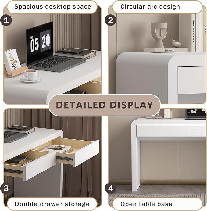 47-Inch Office Desk with Pull-Out Outlet, Computer Desk with 2 Sturdy Drawers, Writing/Gaming/Work/Study Desk for Bedroom, Living Room & Home Office, Brow (White, 47.2)