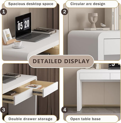 47-Inch Office Desk with Pull-Out Outlet, Computer Desk with 2 Sturdy Drawers, Writing/Gaming/Work/Study Desk for Bedroom, Living Room & Home Office, Brow (White, 47.2)
