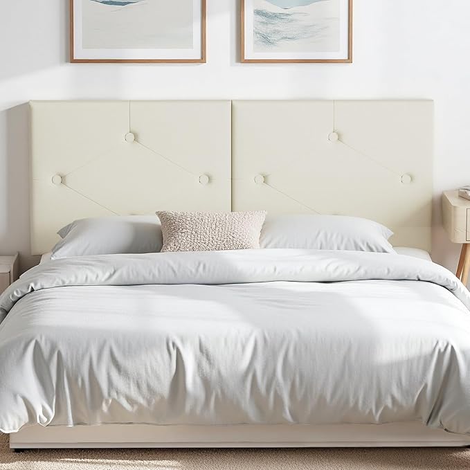 Modern Queen Headboard, Upholstered Faux Leather Bed Headboard with Solid Wood & Sturdy Metal Legs, Tufted Adjustable Height Headboards in Button Design, Ivory