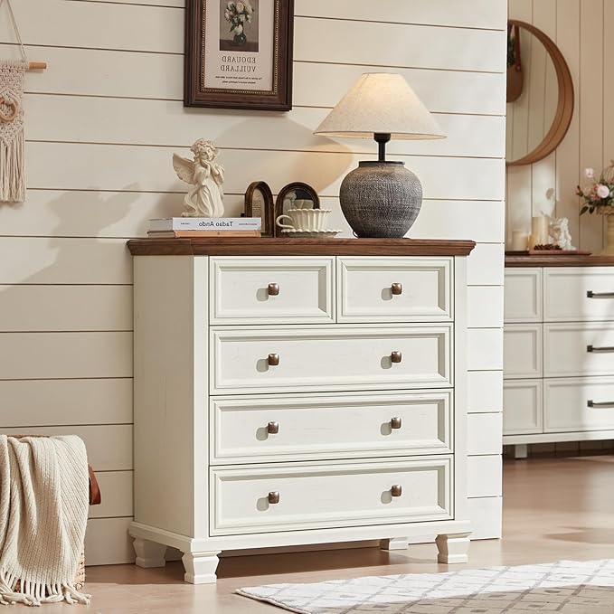 Farmhouse Bedroom Dresser and Nightstand Set of 4, 6 Drawer Tall & 5 Drawers Dresser & 2 Drawer Nightstand Set, Rustic Wood Bedroom Furniture Set for Livingroom, Hallway, White