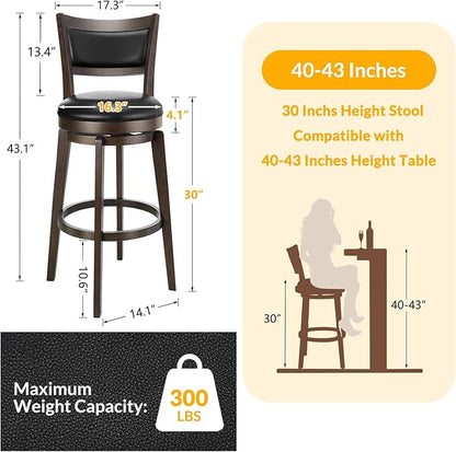 PrimeZone Swivel Bar Stools Set of 3, 30 Inch Bar Height Barstools, Black Faux Leather Bar Stool with High Backrest & Solid Wood Legs & Wrap-Around Footrest, Counter Stools for Kitchen Island, Pub
