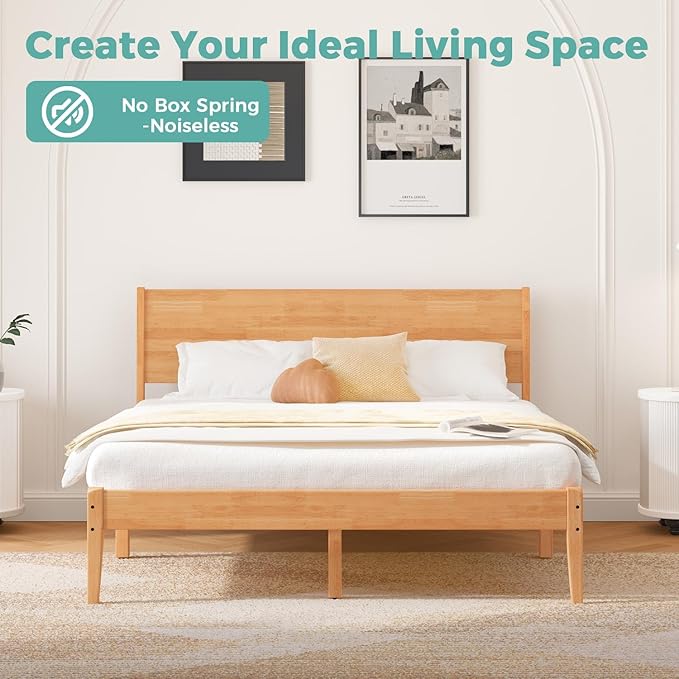 Queen Bed Frame with Headboard, Malaysian Oak Queen Bed Frame No Box Spring Needed, Farmhouse Platform Bed Frame with 12 Slats Support, Easy Assembly, Rustic Pine