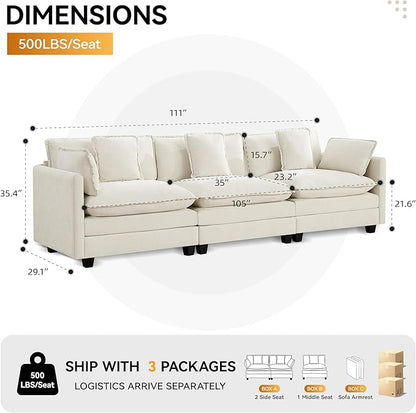 111'' Sectional Cloud Deep Seat Couch, Modern Comfy Chenille Modular Sectional Sofa for Living Room Set, Upholstered Modular 3-Seats Sofa Couch, Beige