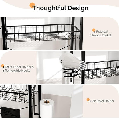 VINGLI Over-The-Toilet Storage Rack,4 Tier Bathroom Shelf Organizer Adjustable with Basket and Paper Holder,Freestanding Bathroom Space Saver Matal Stand with Feet Pad Above Toilet,Rustic Brown