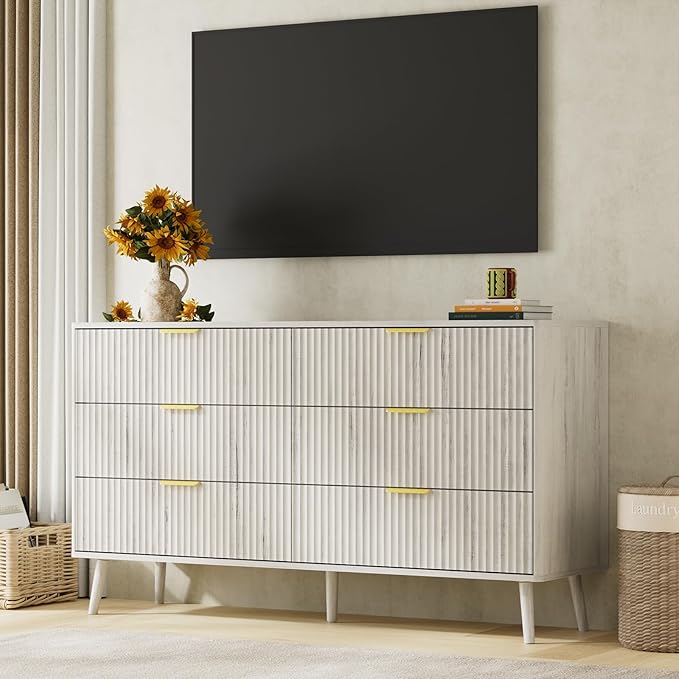 LYNSOM Fluted Dresser and Nightstand Sets 2 Piece, 1-Drawer Nightstands and 6-Drawers Dresser, Wood Bedroom Furniture Set for Home, Bedroom, Hallway, White