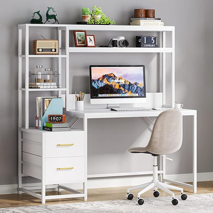Tribesigns 55 Inch Computer Desk with 2 Drawers and Storage Shelves, Rustic Office Desk with Hutch, Study Writing Gaming Table Laptop Workstation for Home Office (White)