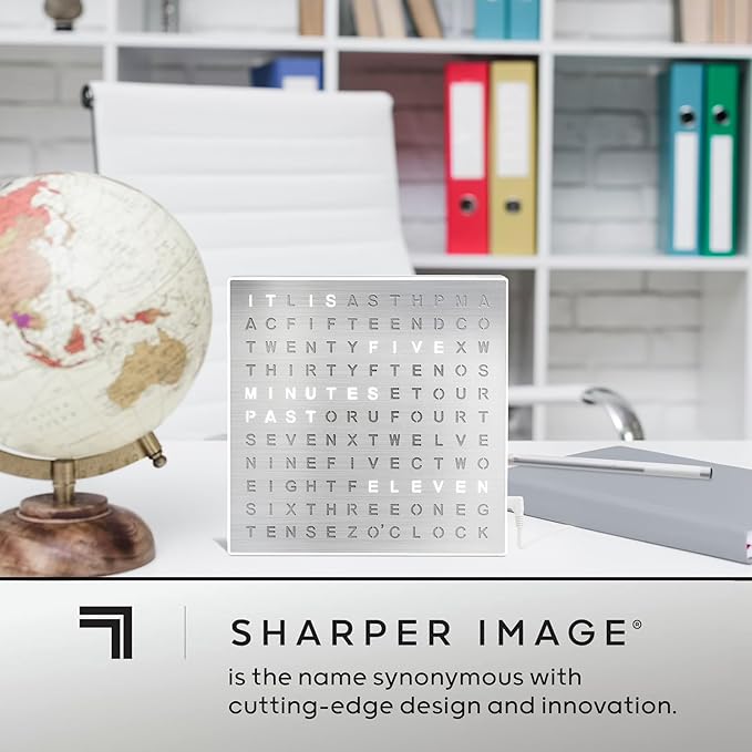 Sharper Image LED Word Digital Clock, 7.75", Silver Finish, Light-Up Desk & Wall Clock, Modern Time Display, Shelf or Wall Decor for Home Office, Living Room, Kitchen & Bedroom, Housewarming Gift