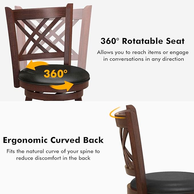 COSTWAY Bar Stool Set of 2 for Kitchen Island, Swivel Upholstered Counter Height Barstools with PU Surface, Rubber Wood Frame, 360° Rotatable Seat, Curved Back, Sturdy Footrest (2, 24" Seat Height)