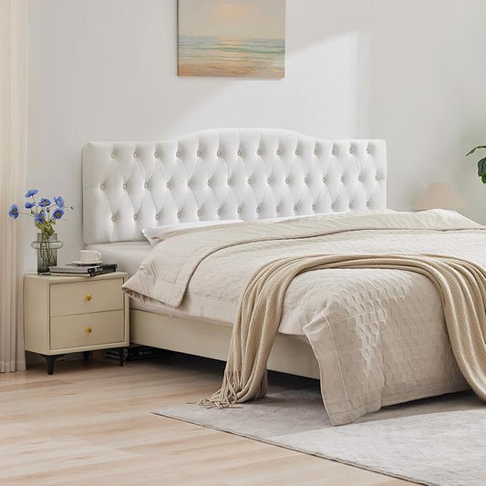 Upholstered King Headboard, Button Diamond Tufted Headboard with Adjustable Height and Solid Wood Leg, Velvet Padded Headboards for King Size Bed, Modern Head Board, White