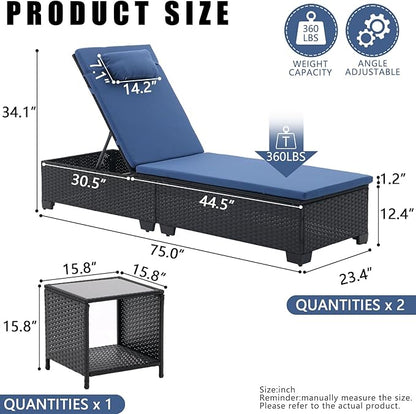 3 PCS Patio Chaise Lounge with Coffee Table Cushion&Pillow Outdoor Lounge Chair Chaise Lounger Patio Reclining Chair 5 Angle Adjustment Black PE Rattan for Courtyards Poolside (Navy)