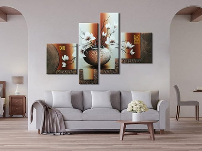 Wieco Art Large Size Decorative Elegant Flowers 4 Panels 100% Hand-painted Modern Contemporary Artwork Floral Oil Paintings on Canvas Wall Art for Home Decorations Wall Decor L