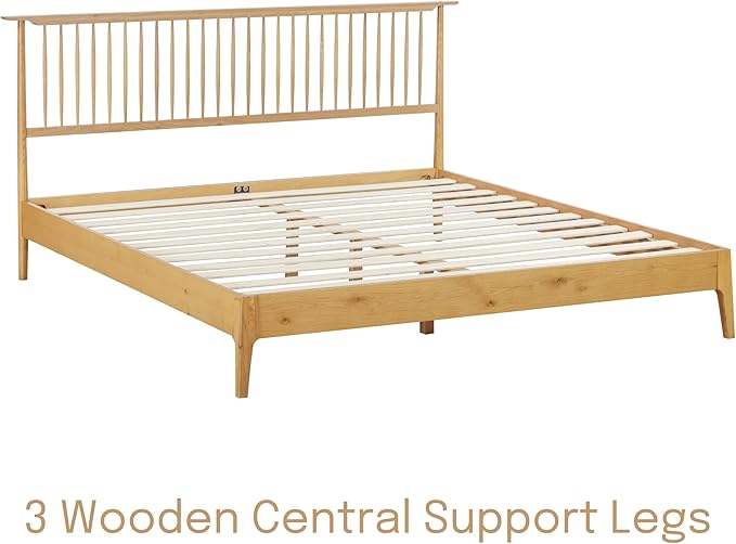 NTC Ruby Wooden Bed Frame with Headboard, Solid Oak and Rubber Wood Foundation with Silent Slats and Wood Central Supports, 1000 Lb Capacity, Effortless Assembly, King - Rustic Oak