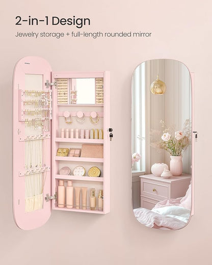 SONGMICS Jewelry Organizer, LED Jewelry Cabinet Wall/Door Mounted, Lockable Rounded Wide Mirror with Storage, Christmas Gift 3.9 x 16.5 x 42.5 Inches, Jelly Pink Surface with Cream White Lining