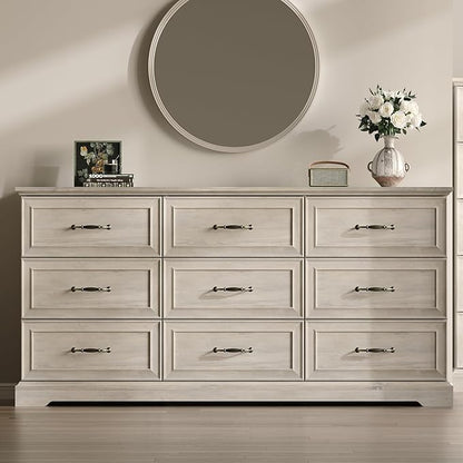 Farmhouse 9 Drawers Dresser for Bedroom, 63" Wide Modern Chest of Drawers with Deep Drawers & Bar Handles, Rustic Wood Dresser TV Stand, Wooden Closet Storage Organizer for Living Room, Hallway, Grey