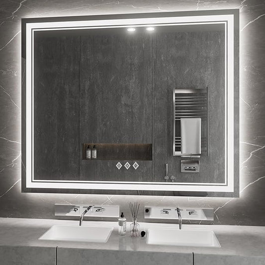 Vanity Mirror with Lights, 48x40 Inch Gradient Front and Backlit Smart Mirror, 3 Colors Dimmable CRI>90 Double Lights, IP54 Enhanced Anti-Fog, Hanging Plates Wall Mount LED Mirror