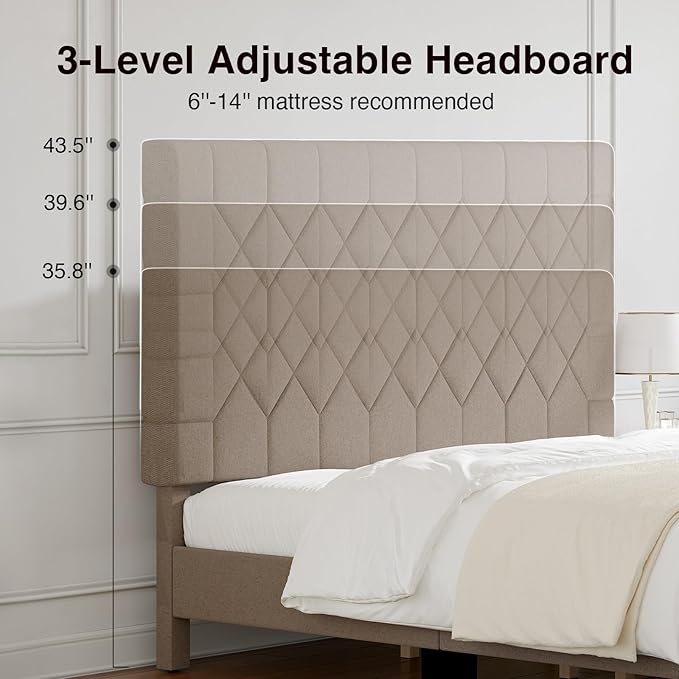 Novilla King Size Bed Frame, King Bed Frame and Headboard, Linen Upholstered Pull-Point Bed Frames, No Box Spring Needed, Heavy Duty Feet, Easy Assembly, Beige