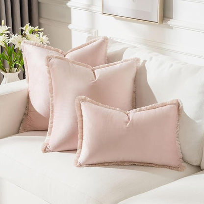 FUTEI Pink Velvet Decorative Throw Pillow Covers 22x22 Set of 2,Soft Cozy Edge with Tassels Cushion Case,Boho Modern Home Decor for Couch Bed Living Room