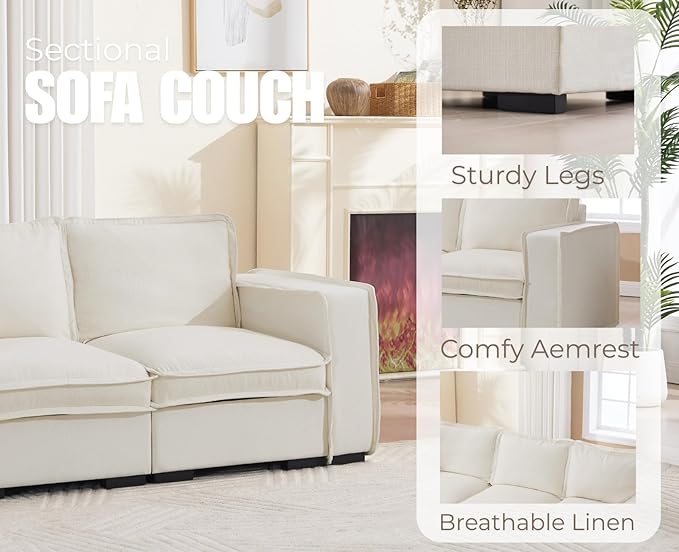 EALSON 93" Modular Sectional Sofa Comfy Cloud Couch with Ottoman Modern Convertible L Shape Couches with Wooden Legs Linen Deep Seat Couch 4-Seater Sofa for Living Room/Apartment, White
