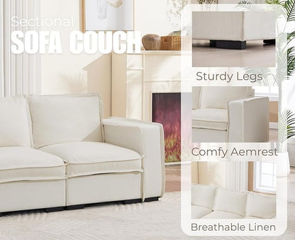EALSON 93" Modular Sectional Sofa Comfy Cloud Couch with Ottoman Modern Convertible L Shape Couches with Wooden Legs Linen Deep Seat Couch 4-Seater Sofa for Living Room/Apartment, White