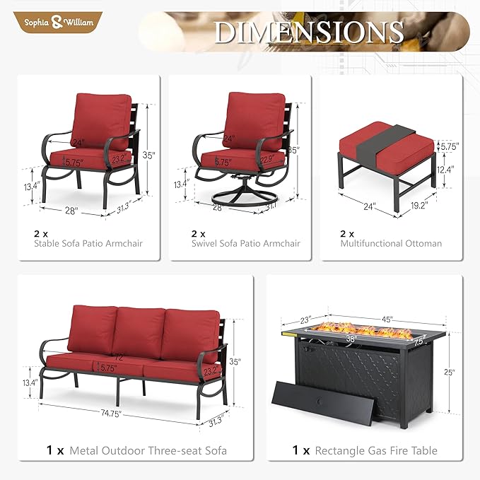 Sophia & William Patio Furniture Sets for 9 with 45" Gas Fire Pit Table Outdoor Conversation Sets 8 Pcs, 2xSofa Chairs, 2xSwivel Cushion Chairs, 1x3-Seat Sofa, 2xOttomans for Porch Poolside Red