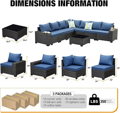 8 Pieces Patio Furniture Set All-Weather Outdoor Wicker Sectional Conversation Sofa Rattan Patio Seating Sofa with Cushion and Glass Table for Porch Poolside,Navy