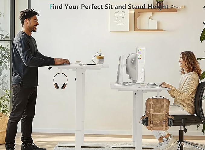 55 x 24 inch Electric Standing Desk Adjustable Height with 4 Wheels, 4 Memory Height Settings, 2 Headphone Hook, for Home Office, Splice Board White
