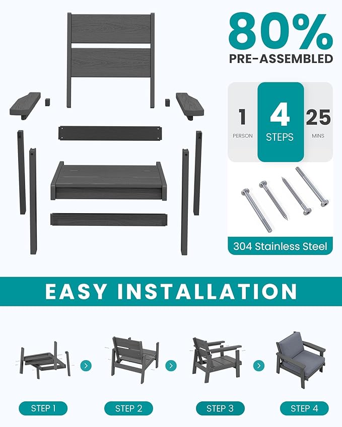 SERWALL HDPE Outdoor Furniture Set, 7 Piece All Weather Wood-Like Outdoor Sofa Sectional Couch, Grey Patio Furniture Set with Grey Cushions