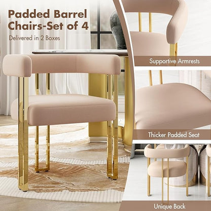 Velvet Dining Chairs Set of 4, Khaki Upholstered Barrel Armchairs with Gold Metal Legs for Kitchen Island, Mid Century Modern Accent Side Chairs for Dining Room and Living Room, Open-Back