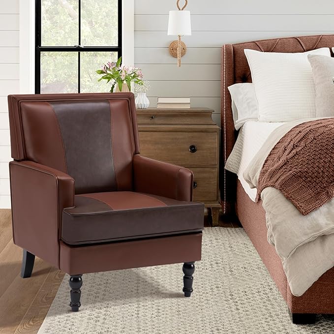 MOJAY Mid-Century Modern Accent Chairs, PU Leather Upholstered Lounge Armchair, Comfy Club Chair for Living Room, Bedroom, Home Office & Study (Brown)
