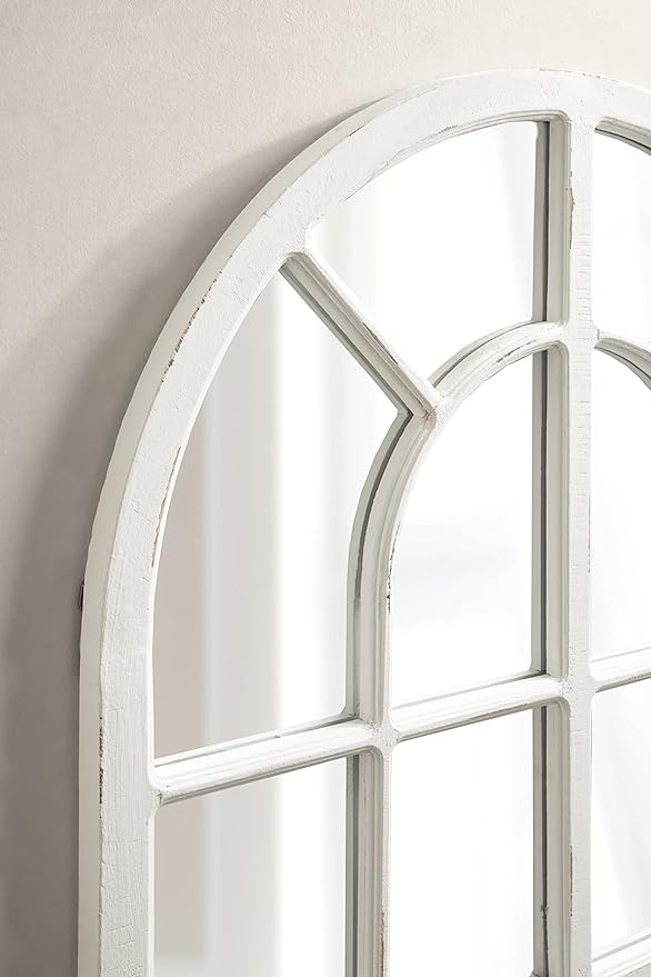 Kate and Laurel Boldmere Modern Farmhouse Wide Windowpane Arched Mirror; 30 x 29; White; Decorative Vintage Inspired Window Mirror for Farmhouse Wall Decor