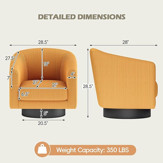 360° Swivel Accent Chairs Set of 2, Modern Bucket Chair, Corduroy Barrel Armchair, Comfy Boucle Chair, Single Sofa for Living Room Bedroom. Orange