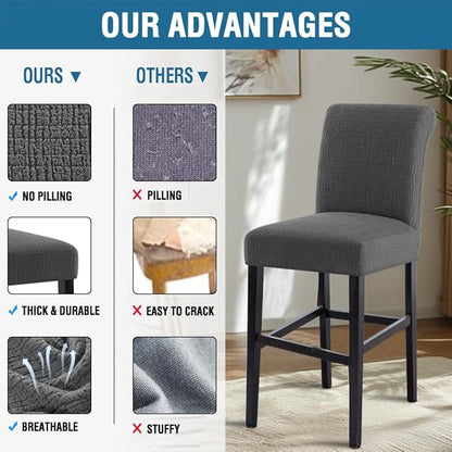 H.VERSAILTEX 100% Waterproof Barstool Covers Slipcovers Stretch Pub Counter Stool Chair Covers Height Stool Seat Covers Removable Stool Covers Jacquard Crizzle Pattern Chair Seat Covers Set Of 4, Grey