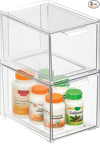 mDesign Plastic Bathroom Organizer Bin w/Pull Out Drawer - Slim Stackable Storage Container for Bathroom Accessories - Perfect for Organizing Bathroom Cabinet - Lumiere Collection - 2 Pack - Clear