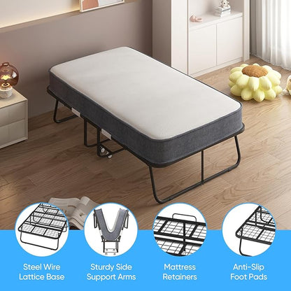 Mjkone Folding Bed with Mattress for Adults, 75" x 31" Rollaway Bed with Mattress, Space Saving Roll Away Frame Lockable Wheel, Sturdy Fold Up Beds and Memory Foam for Bedroom/Guest