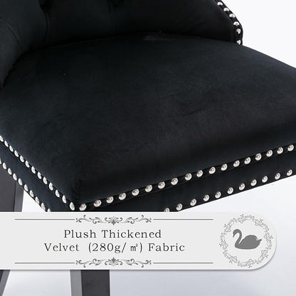 Velvet Upholstered Dining Chairs Set of 2, Modern Style Kitchen Side Chairs with Nailhead Trim and Wood Legs,Metal Pulling Ring for Dining Room Living Room(Black,Set of 2)