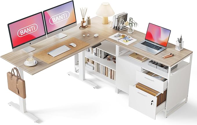 BANTI Executive L Shaped Standing Desk, 66 Inch with 2-Drawer File Cabinet, Electric Height Adjustable Stand up Desk, Home Office Computer Desk with Shelves, Light Walnut Top