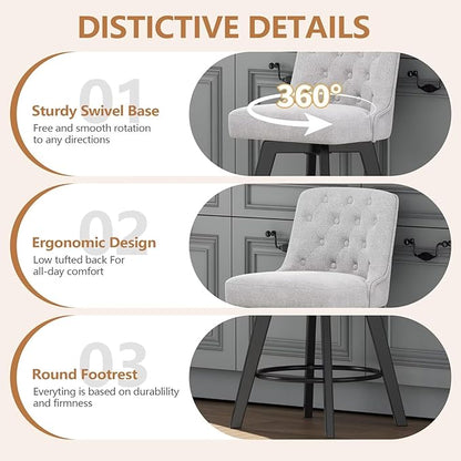 MINCETA Bar Stool, 30 Inch Upholstered Barstool with Low Tufted Back and Footrest, Swivel Counter Height Barstool for Kitchen Island Home Bar Performance Fabric Greige