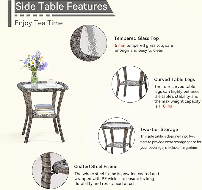 3 Pieces Outdoor Patio Chairs Set - Wicker Patio Conversation Sets with 1 Side Table, Olefin Fabric Cushions Suitable for Backyard Deck and Porch,Red