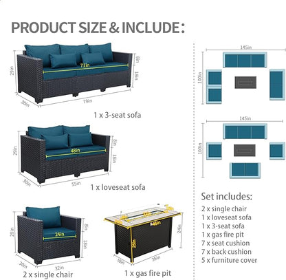 Rattaner Patio Furniture Set with 45In Fire Pit 5 Pieces Outdoor Furniture Sets Patio Couch Outdoor Chairs 60000 BTU Steel Propane Fire Pit Table No-Slip Cushions and Waterproof Covers, Peacock Blue