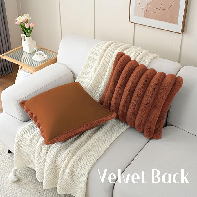 FUTEI Rust Decorative Throw Pillow Covers 24x24 Inch Set of 2, Square Soft Faux Rabbit Fur Big Striped Pillow Sham,Home Decor for Couch Sofa Bed Living Room