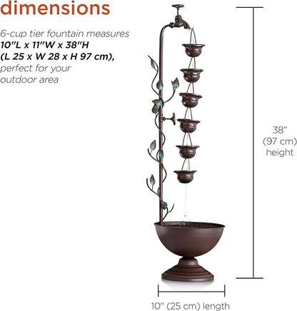 Alpine Corporation MAZ254 Outdoor Floor Tiered Vintage Water Fountain w/ 6 Hanging Cups, Soothing Tier Waterfall, 38", Bronze